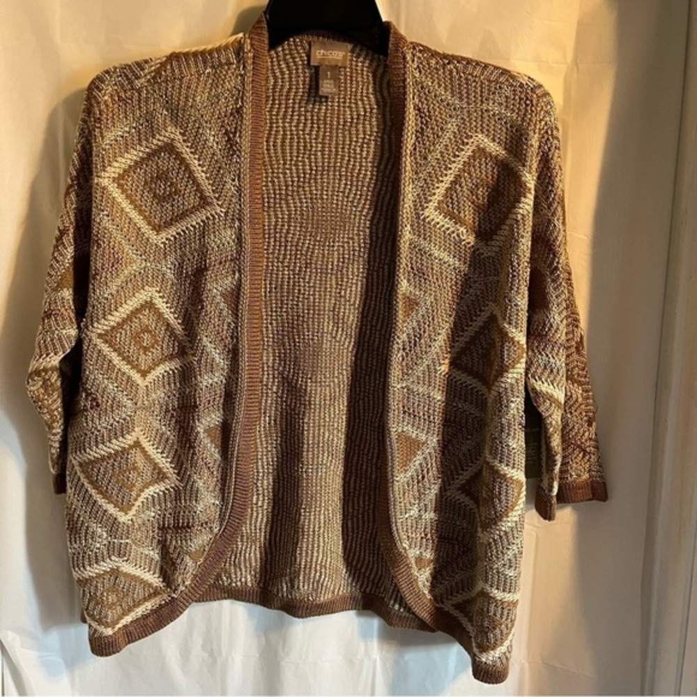 Chicos Womens Open Front Cardigan Gold Metallic NWT‎ Size Medium Knit Grannycore